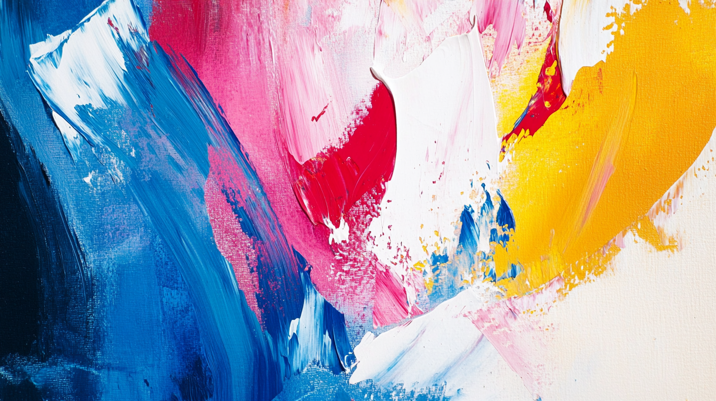 Close-up of a vibrant abstract painting with bold strokes of blue, pink, red, white, and yellow acrylic paint on canvas, showcasing dynamic texture and color blending.