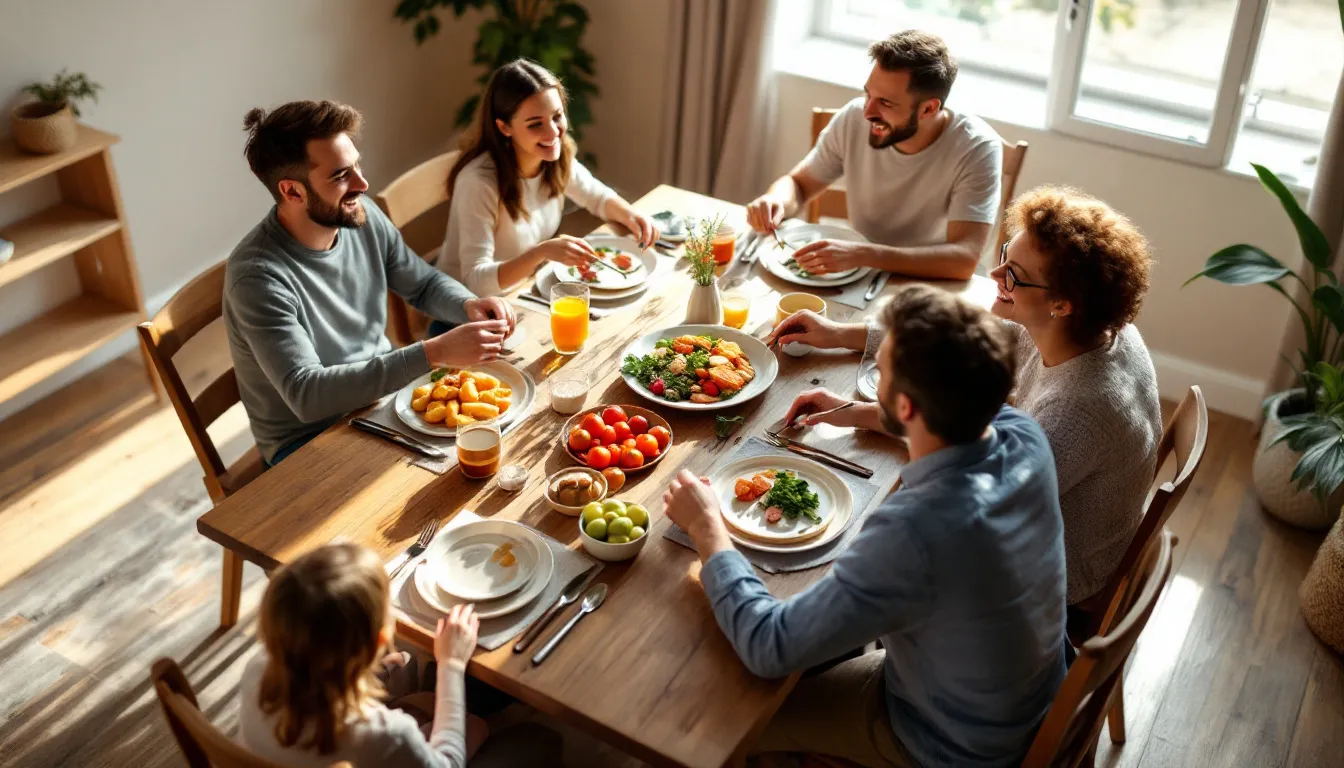 A warm family gathering is depicted around a dining table, where loved ones share a meal and create cherished memories together. This scene highlights the importance of relationships and support, much like life insurance policies that provide financial protection and benefits for families in times of need.