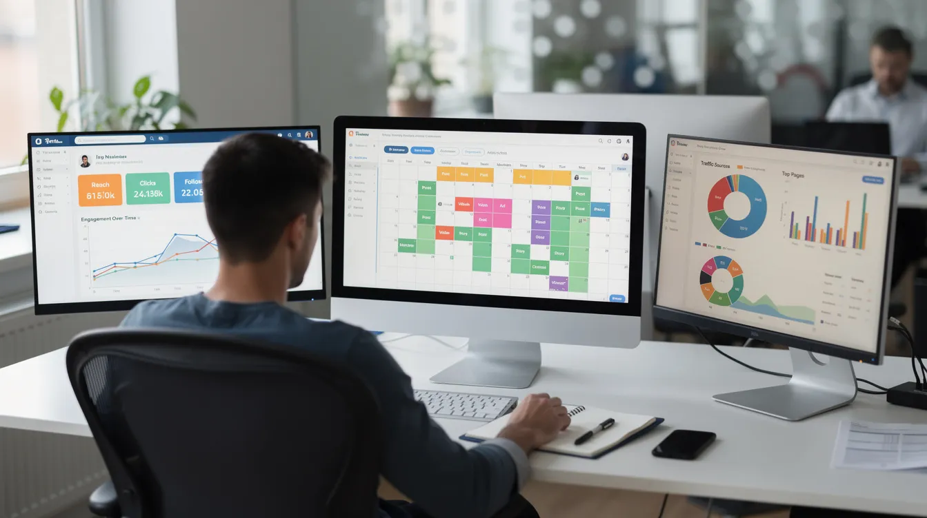 A person is seated at a desk surrounded by multiple screens displaying content calendars and analytics dashboards, essential tools for developing a content marketing strategy and tracking campaign effectiveness. This setup reflects a focus on digital marketing, performance tracking, and creating engaging content that aligns with business goals.