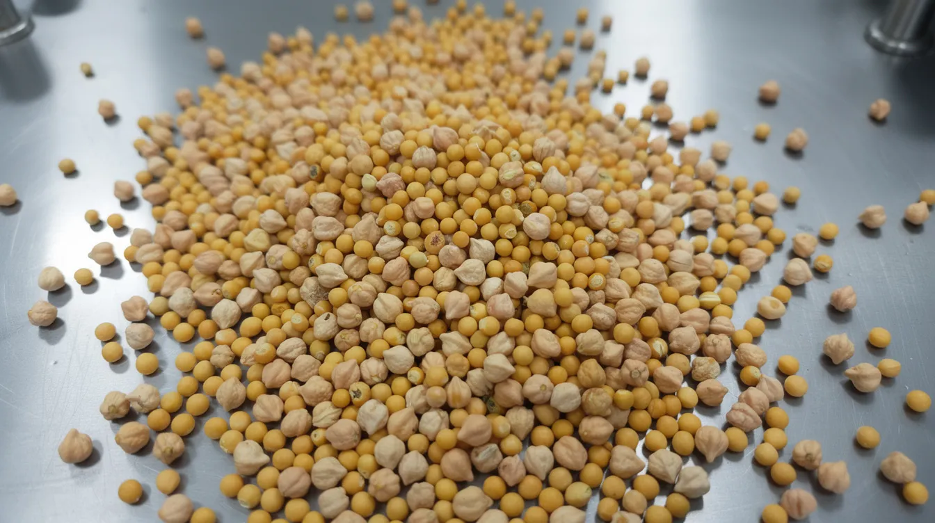 A close-up view of dried yellow peas and chickpeas is displayed on a stainless steel surface, highlighting their distinct shapes and colors in a food processing environment. This image represents the raw materials used in the pulses processing sector, emphasizing the importance of plant proteins and their role in sustainable food production.