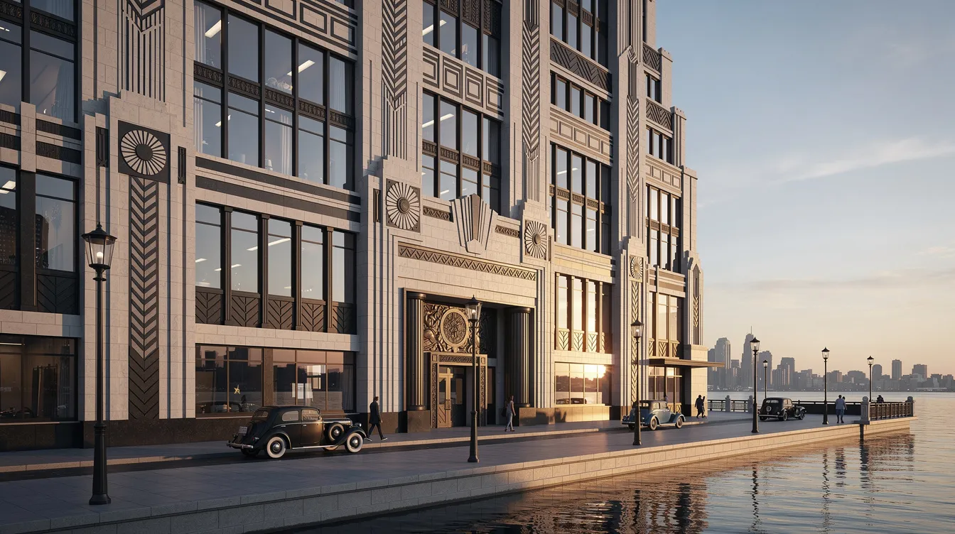 The image depicts a historic Art Deco building located on Lake Shore Boulevard, showcasing large floor-to-ceiling windows and intricate geometric ornamentation. This heritage structure stands prominently along Toronto's waterfront, near the vibrant community of Liberty Village and the scenic Martin Goodman Trail.
