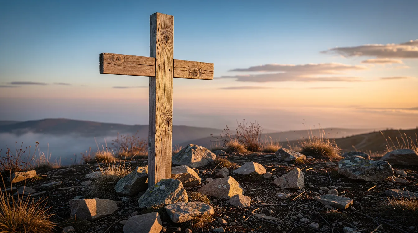 The image depicts a simple wooden cross standing on a rocky hillside at dawn, symbolizing hope and faith as the first light of day breaks through the darkness. This serene scene reflects the concept of a "holy nation" and "royal priesthood," reminding us of God's special possession and the call to glorify Him in all the earth.