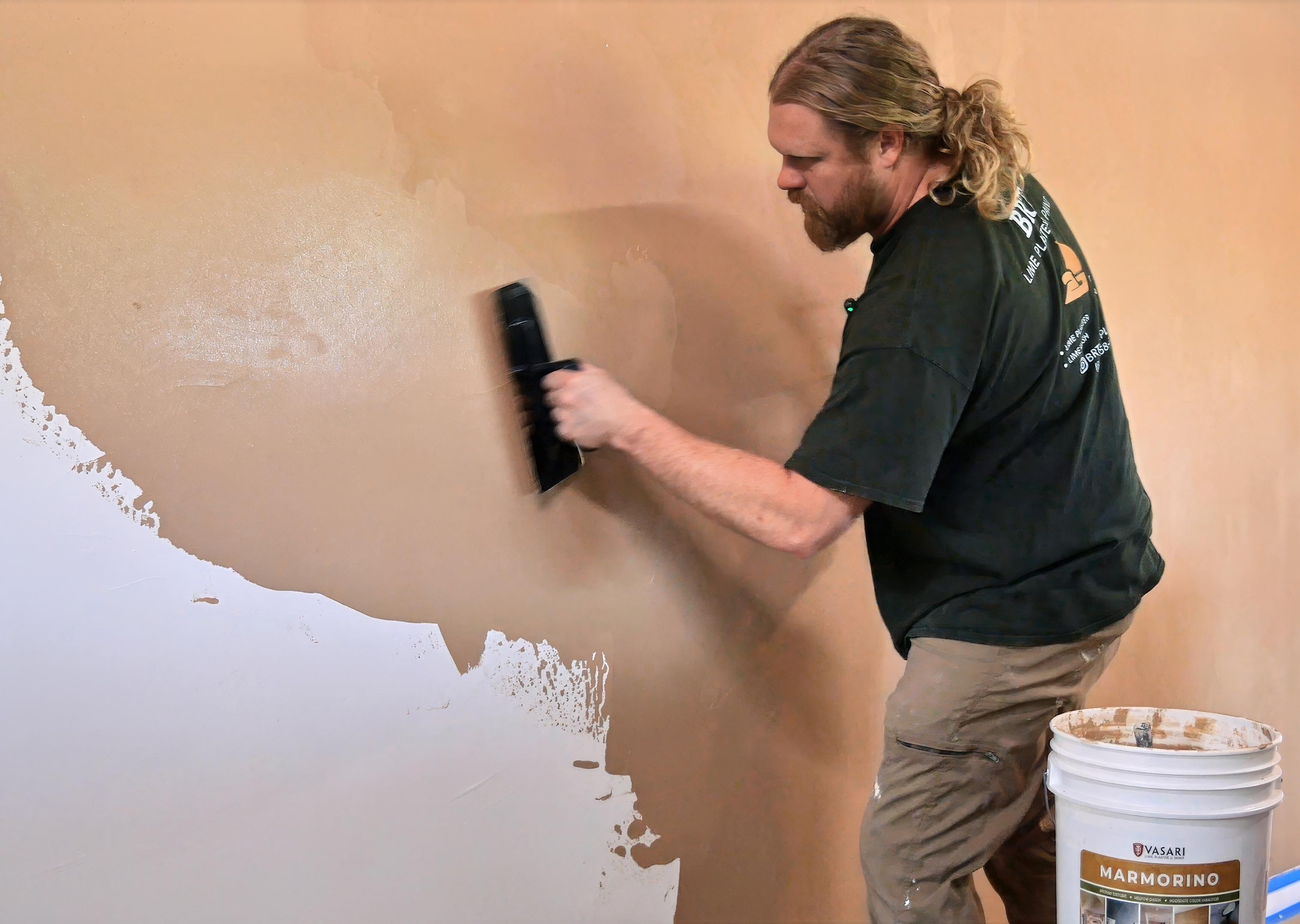 A craftsperson is applying a smooth layer of lime plaster to a bathroom wall using a plastic trowel, with a bucket of the mixture nearby. This natural material is designed to create a waterproof surface that enhances the aesthetic appeal of wet areas, ensuring durability and protection against water damage.