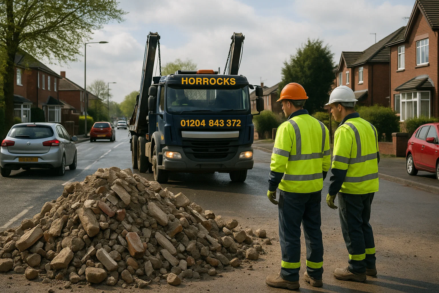 Horrocks skip arriving quickly at a busy worksite for urgent clearance.