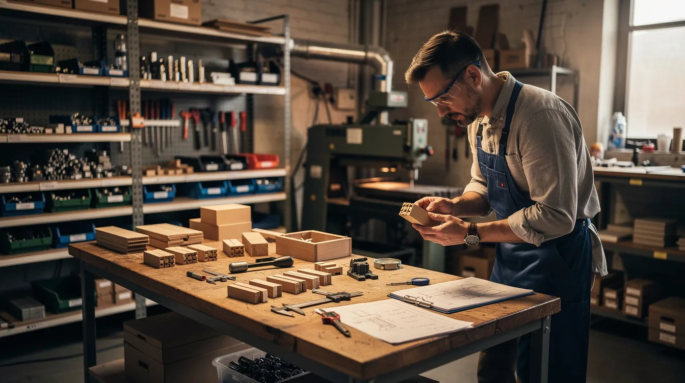301132a8 03ac 4cc2 bae8 5b5de4d829b0 An entrepreneur inspects products on a workbench in a small manufacturing workshop, showcasing the hands-on approach typical of a small scale manufacturing business. The space is filled with raw materials and tools, highlighting the manufacturing process involved in creating quality goods for niche markets.