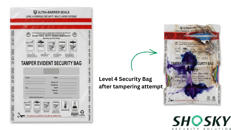 Level 4 security bag showing tampering attempt