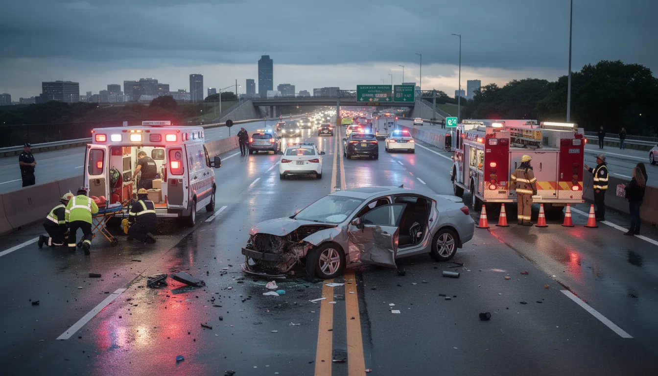 The image depicts an accident scene on a highway, featuring emergency vehicles and first responders attending to a serious car accident. This chaotic moment highlights the critical role of personal injury attorneys in helping accident victims navigate their car accident claims and recover compensation for medical expenses and lost wages.