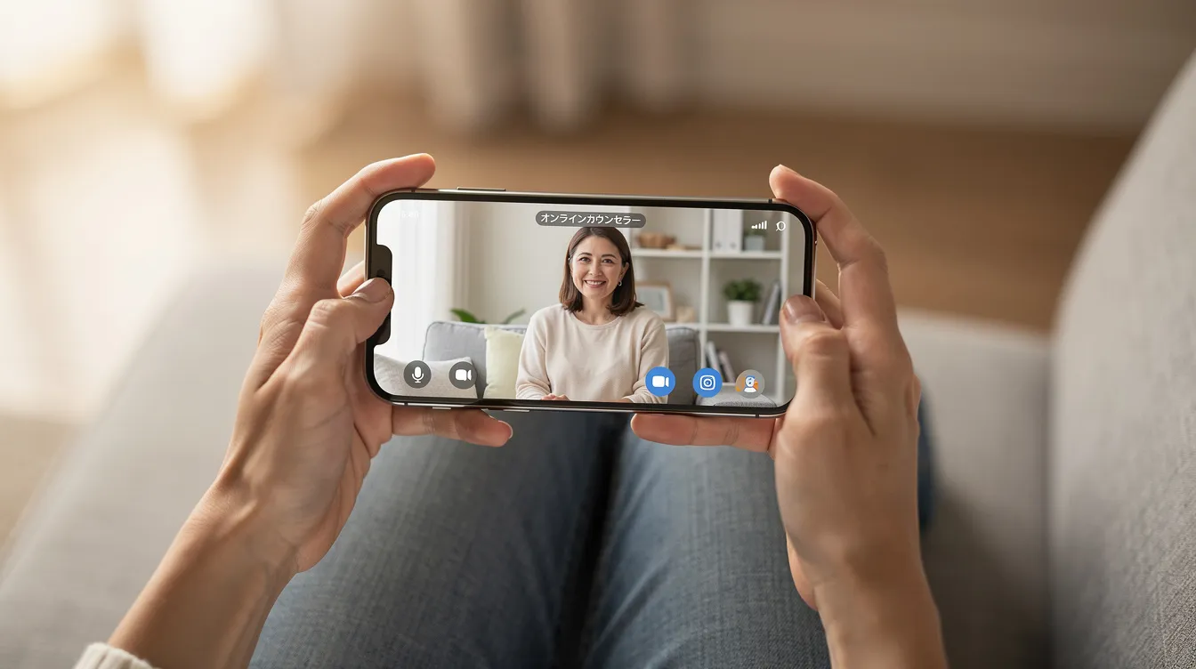 スマートフォンでビデオ通話を通じてオンラインカウンセリングを受けている人の手元が映っています。カウンセラーと話を聞いている様子で、リラックスした雰囲気が感じられます。