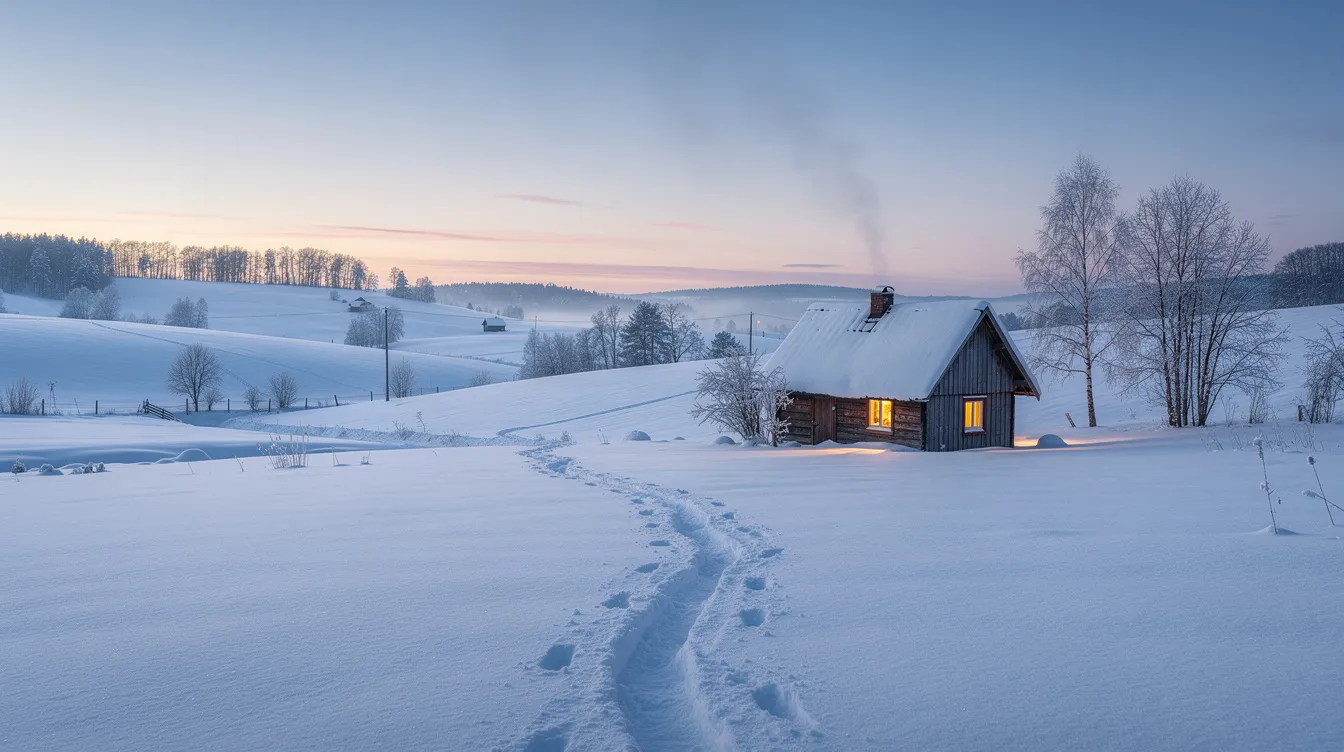Een besneeuwd landschap met een afgelegen huis, omringd door hoge bomen en een rustige sfeer. Dit beeld roept een gevoel van isolatie en sereniteit op, wat doet denken aan de spirituele genezing en de bijzondere gaven van een paranormaal genezer.