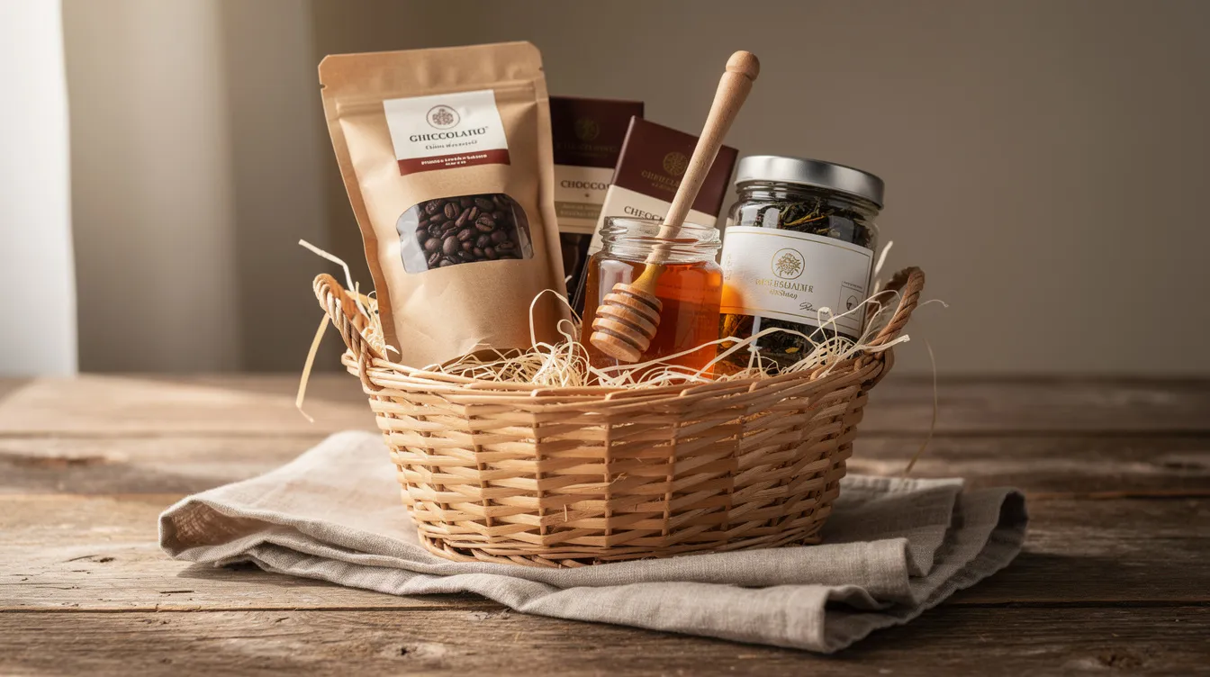 Elegancki kosz prezentowy bez alkoholu, wypełniony aromatyczną kawą, pyszną czekoladą, miodem oraz różnorodnymi herbatami, został starannie ułożony na drewnianym blacie, obok lnianej serwetki. To doskonały upominek na każdą okazję, idealny dla miłośników słodkości i relaksu.