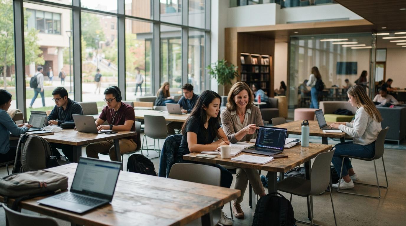 Photorealistic higher education study space with students independently using laptops while an instructor provides individualized academic guidance, modern campus environment.