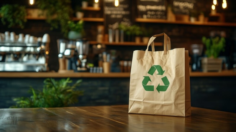 A bag with recyclable packaging symbol