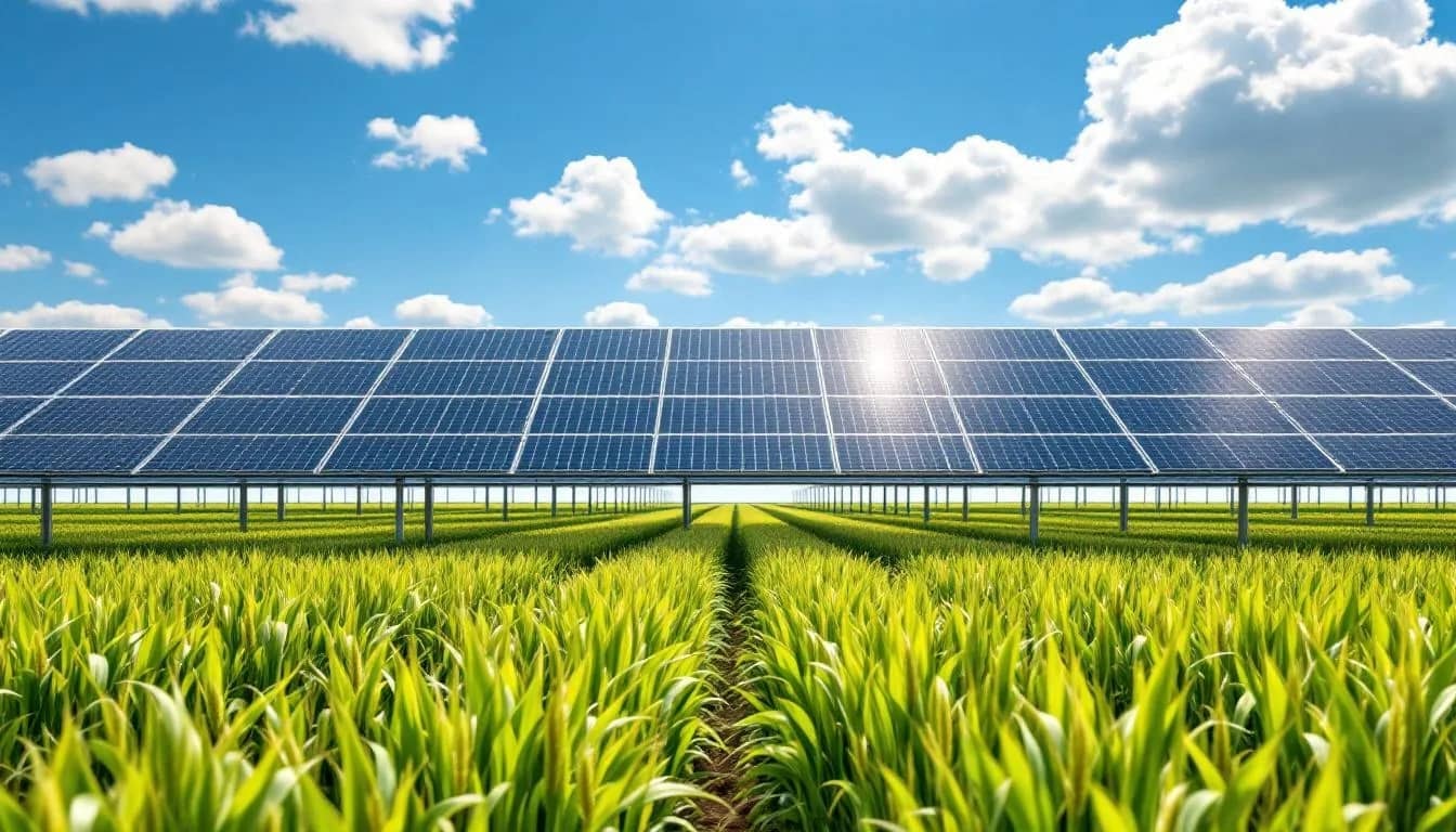 Eine Agri-Photovoltaik-Anlage erstreckt sich über ein Feld, auf dem gesunde Pflanzen wachsen. Die Solarmodule, die Sonnenenergie in elektrische Energie umwandeln, sind über den Pflanzen installiert und tragen zur nachhaltigen Stromproduktion bei, während gleichzeitig der Landwirtschaftsraum genutzt wird.