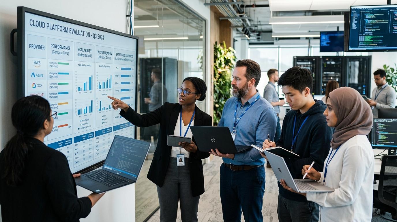 IT professionals evaluating multiple cloud infrastructure platforms on performance, scalability, virtualization, and enterprise readiness through a comparison dashboard.