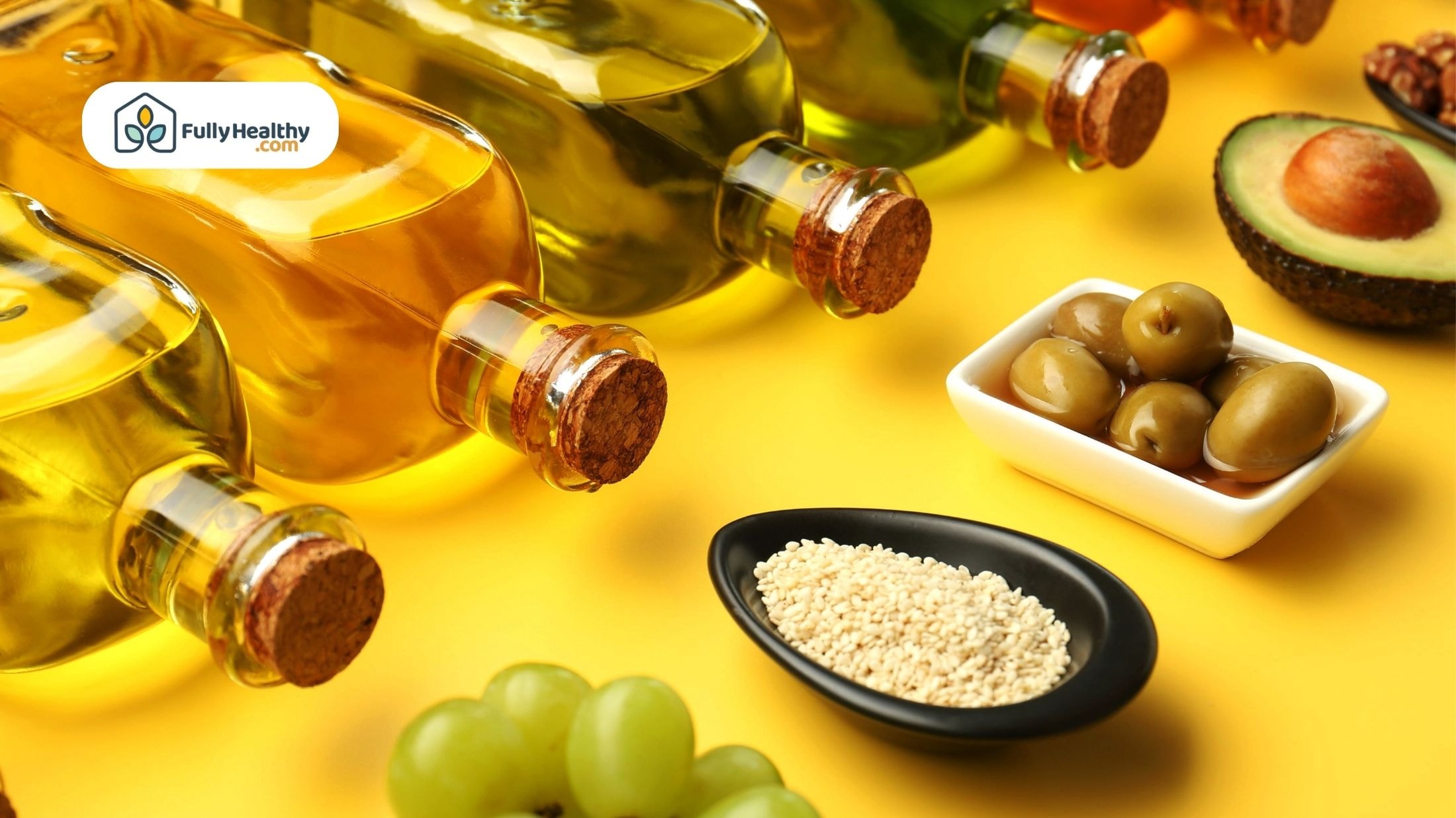 Various cooking oils including olive oil, avocado oil, and seeds