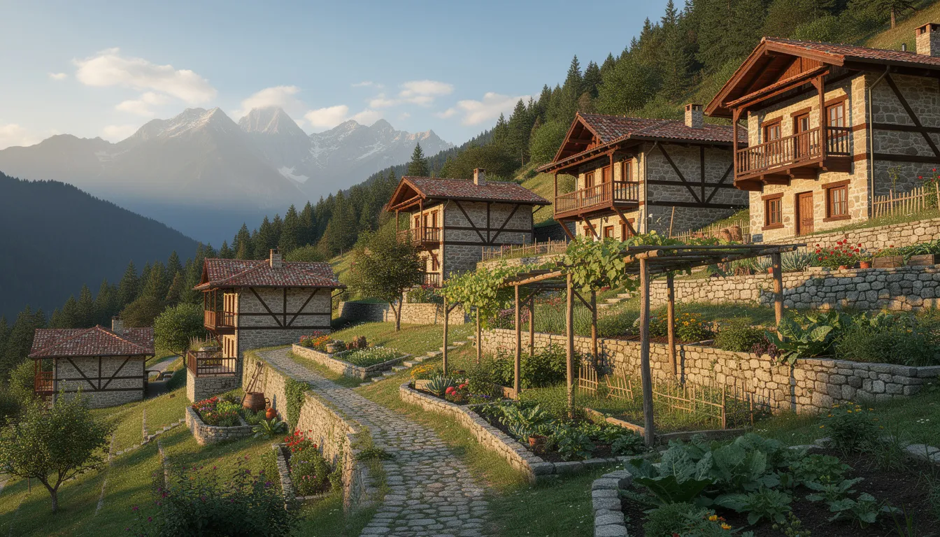 The image depicts a picturesque mountain landscape featuring traditional Bulgarian stone houses surrounded by lush terraced gardens. In the foreground, vibrant red peppers and fresh herbs hint at the delicious Bulgarian dishes that could be prepared, such as stuffed peppers and Shopska salad, showcasing the rich culinary heritage of Bulgaria.