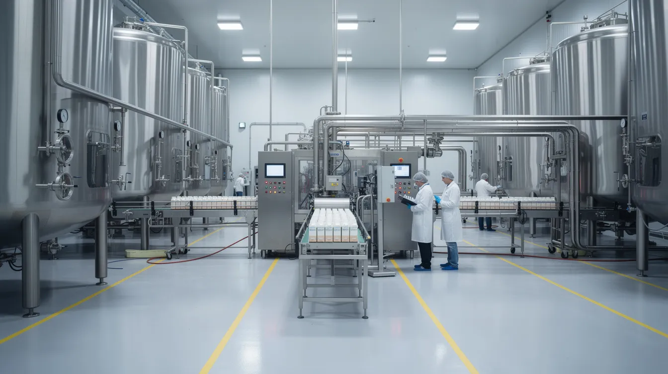 The image depicts the interior of a modern dairy processing plant, showcasing stainless steel tanks and intricate piping systems essential for milk processing. This advanced facility emphasizes quality control in the dairy industry, ensuring the efficient production of various dairy products from raw milk.