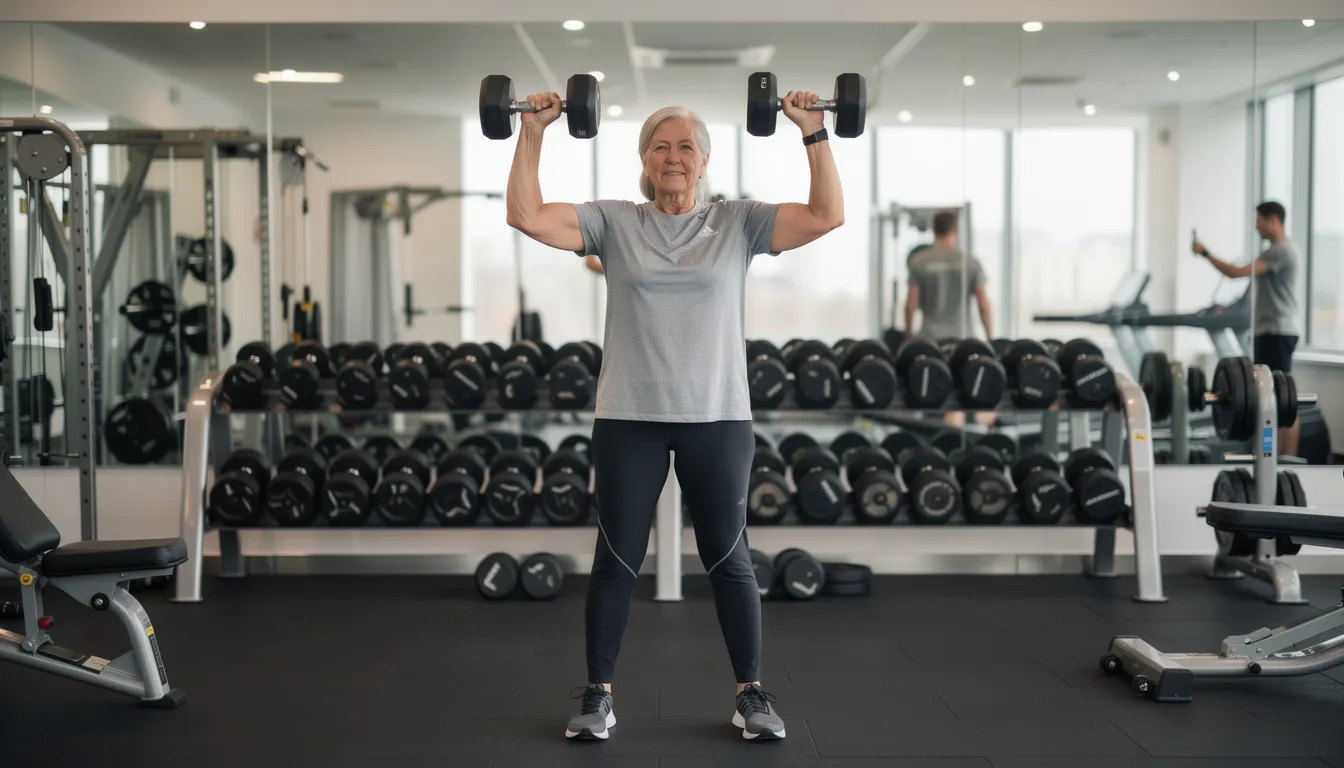 An older adult is engaged in resistance training at a gym, focusing on exercises that promote muscle growth and overall health. This physical activity is essential for supporting joint health and improving metabolic health, contributing to healthy aging and longevity benefits.