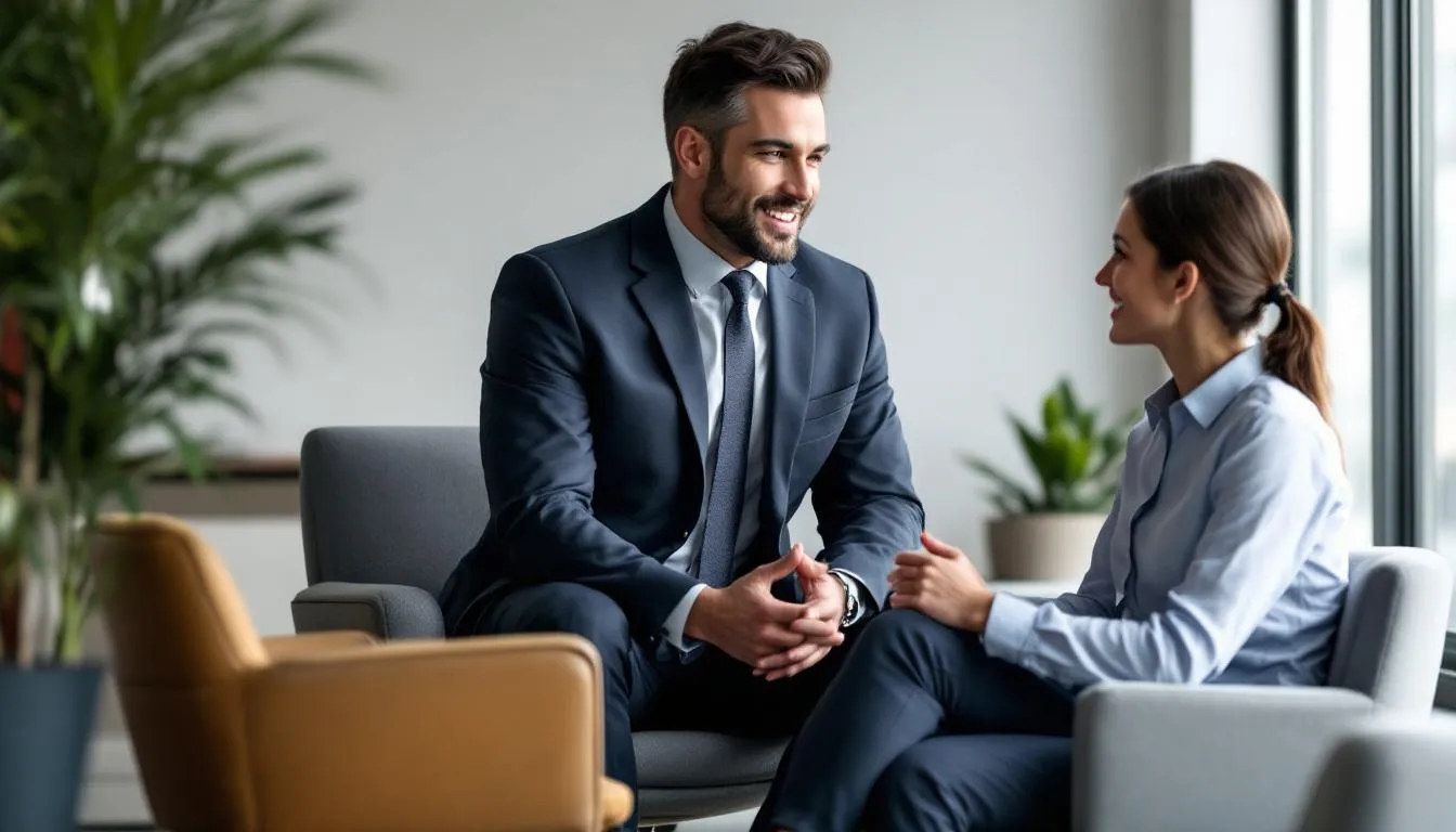 An experienced workers compensation lawyer discussing case details with a client.