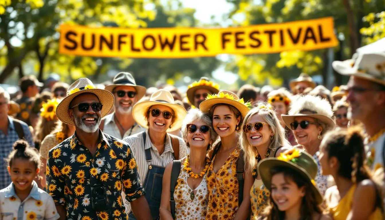 A diverse group of people of varying ages is gathered at a community event, all wearing sunflower-themed accessories that symbolize support for individuals with hidden disabilities. The scene highlights the inclusive atmosphere of the event, promoting awareness of the hidden disabilities sunflower program.