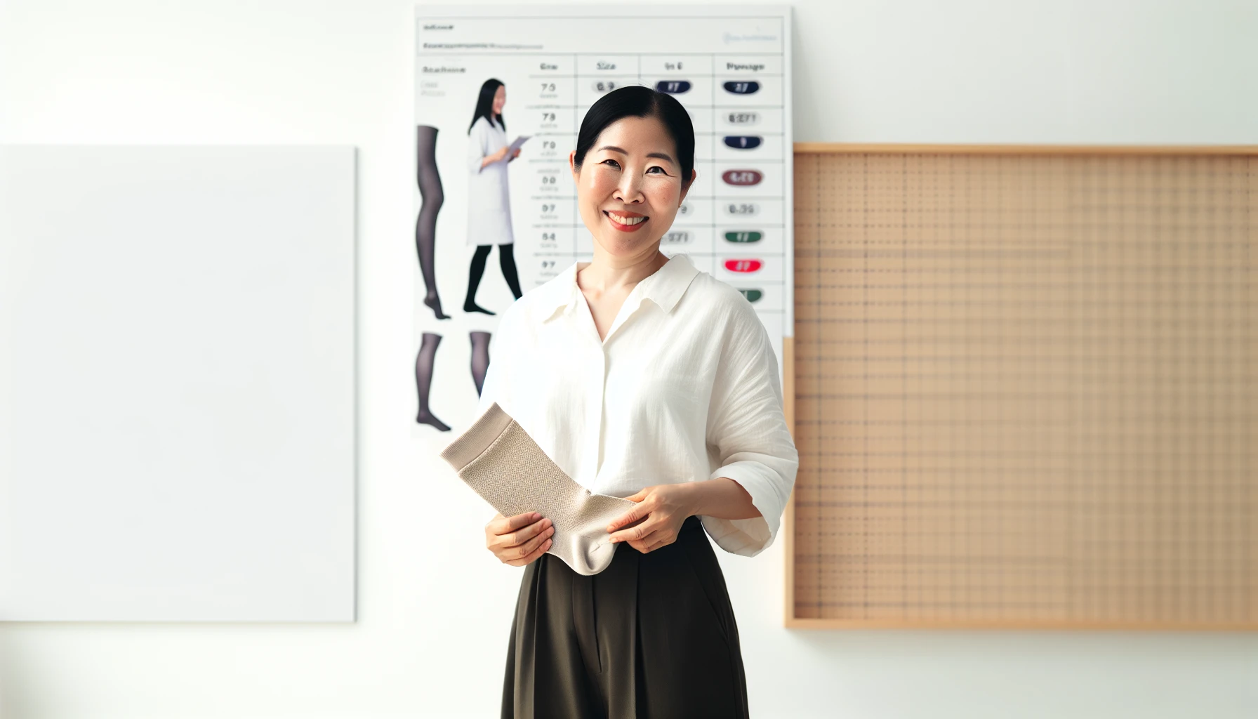 A person holding a pair of compression stockings with a size chart in the background