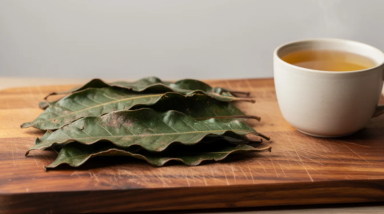 Premium organic soursop whole leaves dried and arranged on a wooden board next to a freshly brewed cup of golden-green soursop tea.
