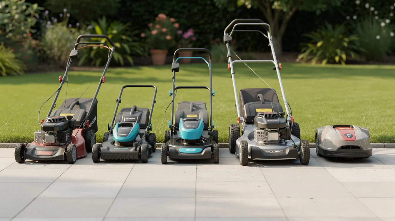 The image features several types of lawn mowers, including rotary mowers, petrol mowers, and electric mowers, arranged neatly side by side on a paved patio next to a lush green lawn. This setup showcases the variety of equipment available for regular lawn mowing, emphasizing the importance of maintaining a well-kept garden.