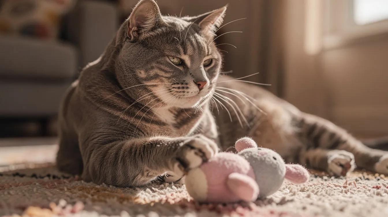 An older gray cat is playfully batting at a soft goldfish stuffed animal on a cozy carpet, showcasing its playful nature as it uses its paws to interact with the plush toy. The scene captures the joy of pets playing with their favorite toys, highlighting the cute and fun moments shared between cats and their accessories.