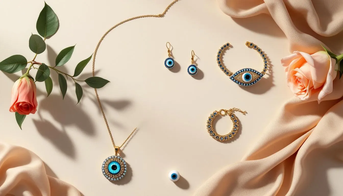 The image showcases a collection of jewellery featuring statement bracelets, necklaces, and earrings, prominently displaying the signature eye motif that symbolizes mystique and protection. Each product, crafted in gold, is designed to be both stylish and meaningful, appealing to those who love unique accessories.