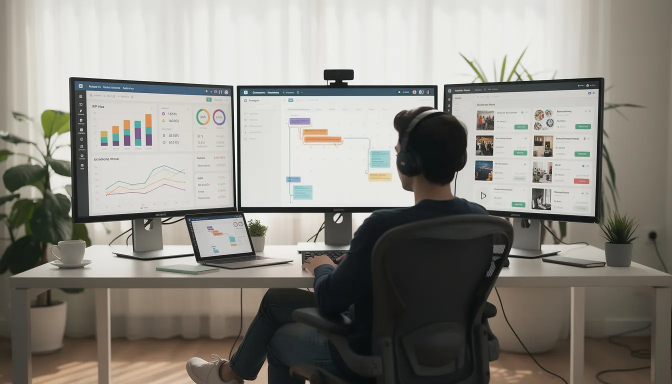 Ein professioneller Mitarbeiter sitzt an einem Schreibtisch, umgeben von mehreren Bildschirmen, die verschiedene Analysen und einen Content-Planungsprozess anzeigen. Die Bildschirme zeigen wichtige Informationen zur Suchmaschinenoptimierung (SEO), einschließlich Keywords und Nutzerverhalten, um die Website-Performance zu optimieren.