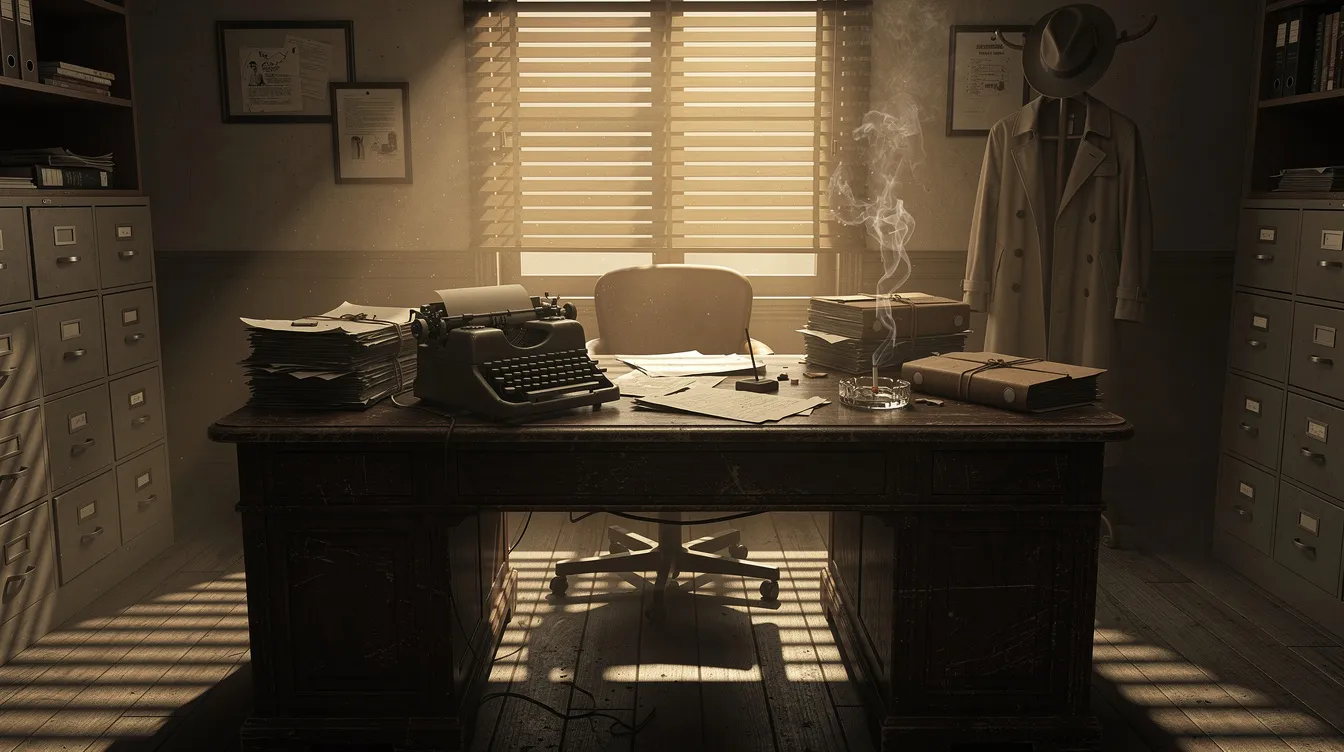 Das Bild zeigt ein Detektivbüro im Stil der 1940er Jahre, ausgestattet mit einem alten Holzschreibtisch und einer Schreibmaschine. Aktenstapel liegen verstreut, während Rauch in der Luft schwebt und Licht durch halbgeöffnete Jalousien fällt, was eine typische Atmosphäre des Film Noir, wie in "Der Malteser Falke", vermittelt.