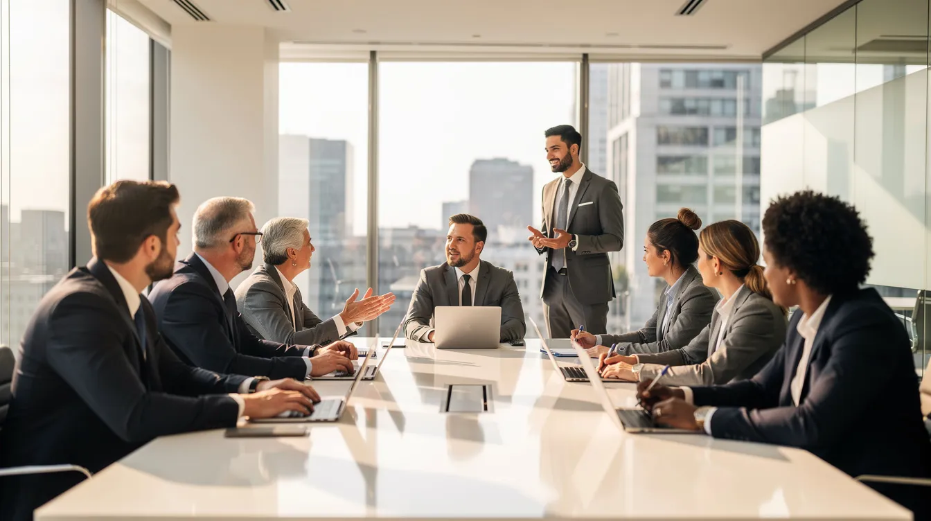 Un groupe de professionnels est réuni autour d'une table de réunion lumineuse, échangeant des idées sur leurs valeurs professionnelles et la manière d'améliorer la collaboration au sein de l'entreprise. Ils discutent des décisions clés et de l'importance de l'identité individuelle dans le cadre de leur carrière.