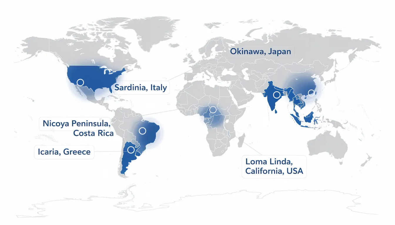 The image depicts a world map highlighting five regions identified as original Blue Zones, specifically labeled as Nicoya in Costa Rica, Okinawa in Japan, Sardinia in Italy, Ikaria in Greece, and Loma Linda in California. These areas are known for their extraordinary longevity and the lifestyles of their centenarians, emphasizing principles such as plant-based diets, strong social connections, and healthy behaviors that contribute to longer and healthier lives.