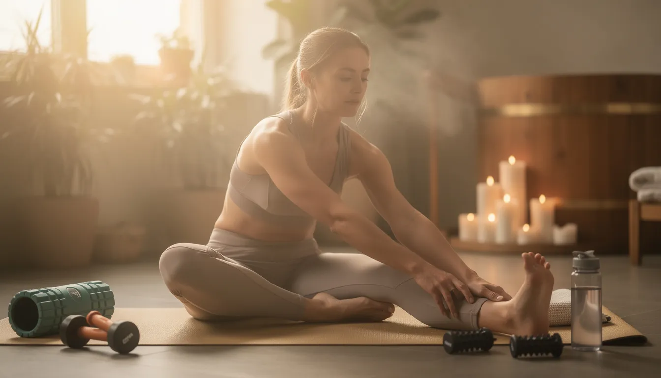 An athlete is seen stretching and recovering in a warm wellness environment, likely during an infrared sauna session. The soothing warmth promotes muscle recovery and relaxation, enhancing overall health and well-being after physical activity.