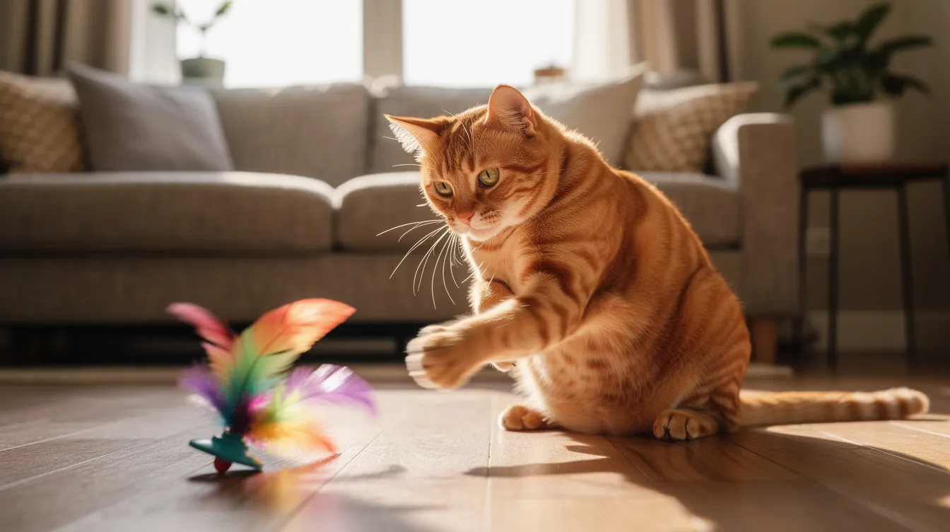 A playful orange tabby cat is energetically batting at a spinning feather toy on the living room floor, showcasing its natural hunting instincts. The toy features colorful feathers and ribbons that add to the fun and mental stimulation for the kitty.