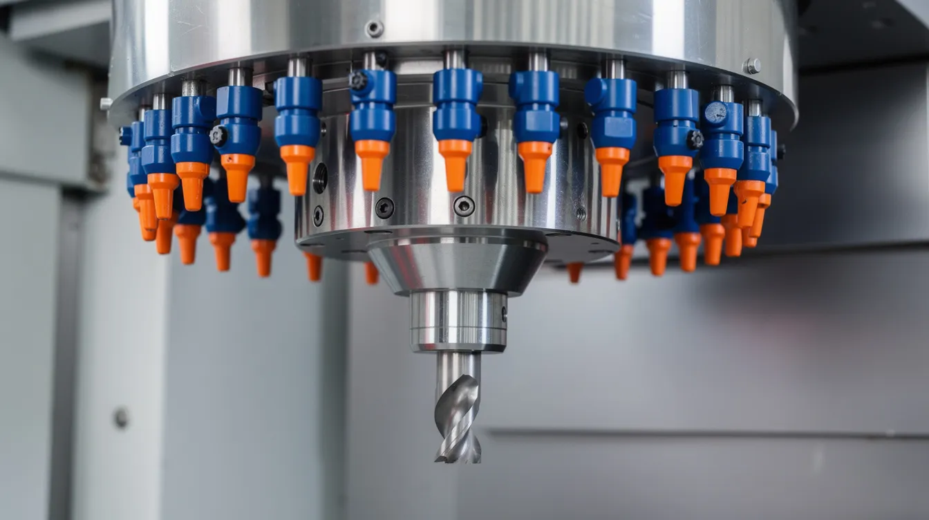 A close-up view of a CNC machining center spindle showcases a tool holder with a metal cutting tool installed, surrounded by coolant nozzles, emphasizing the precision machining process essential for achieving tight tolerances in custom components. The image highlights the intricate design of CNC machine parts, vital for efficient manufacturing operations.