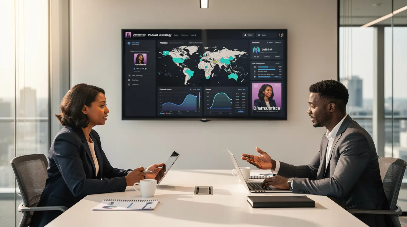 The image shows two professionals engaged in a meeting, discussing strategies for podcast distribution, including topics like podcast hosting solutions and how to effectively manage multiple podcasts across platforms such as Apple Podcasts and Spotify. They appear focused, with notes and a laptop open in front of them, indicating a collaborative effort to enhance their podcast episodes and reach a wider audience. The image shows two professionals engaged in a meeting, discussing strategies for podcast distribution, including topics like podcast hosting solutions and how to effectively manage multiple podcasts across platforms such as Apple Podcasts and Spotify. They appear focused, with notes and a laptop open in front of them, indicating a collaborative effort to enhance their podcast episodes and reach a wider audience.
