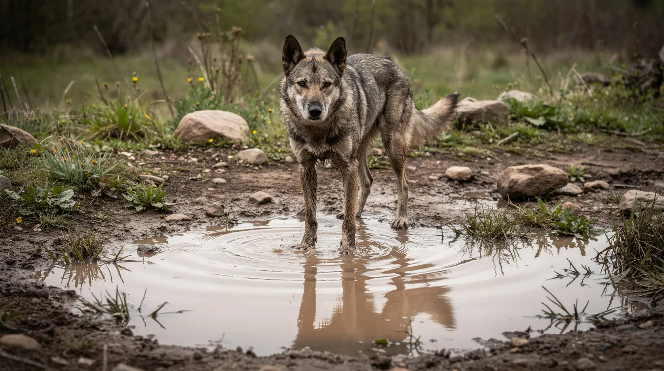 A dog stands near a muddy puddle in a natural outdoor area, surrounded by standing water, which may pose a risk of exposure to contaminated water or soil that can spread leptospirosis. The scene highlights the potential dangers of infectious diseases associated with wild and domestic animals in environments affected by heavy rainfall.