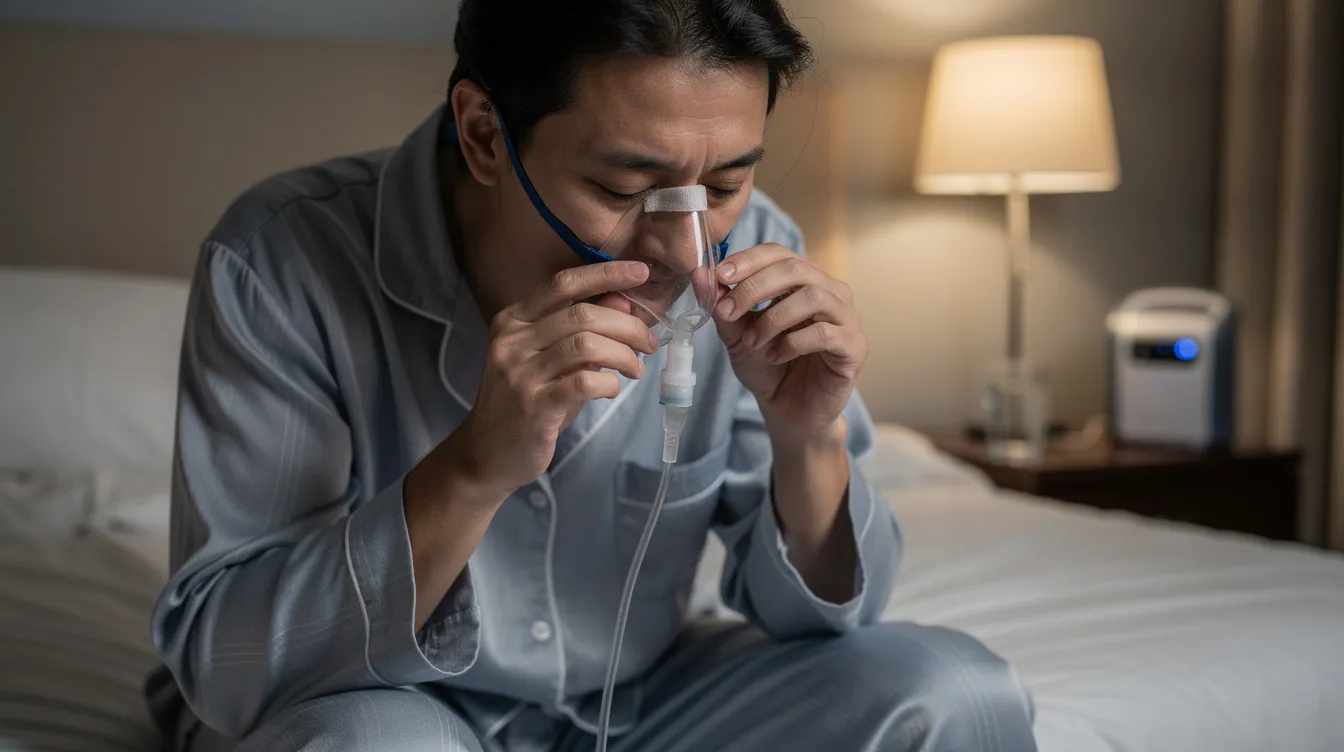 A person is adjusting a nasal cannula sensor in preparation for bedtime, which is an essential step for conducting a home sleep apnea test. This setup helps monitor breathing patterns and blood oxygen levels overnight to diagnose sleep apnea and other sleep disorders.
