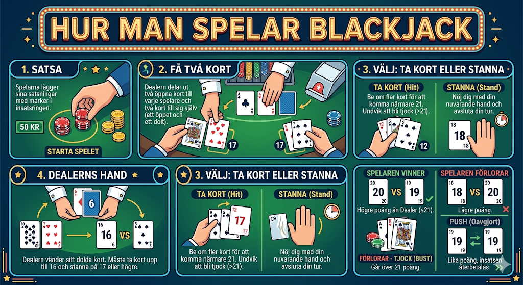 Hur man spelar blackjack – satsa, få två kort, ta kort eller stanna och spela mot dealerns hand
