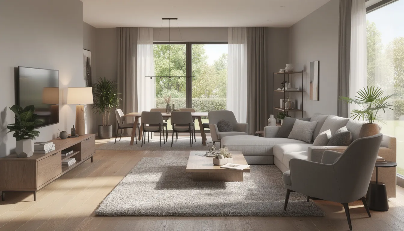 Een open woonkamer met duidelijk gedefinieerde zithoek en eetzone, ingericht met een mix van donkere en groene tinten, die een uitnodigende sfeer creëert. De strakke lijnen van de meubels en de warme tinten zorgen voor een stijlvol geheel dat perfect past bij moderne woonstijlen.