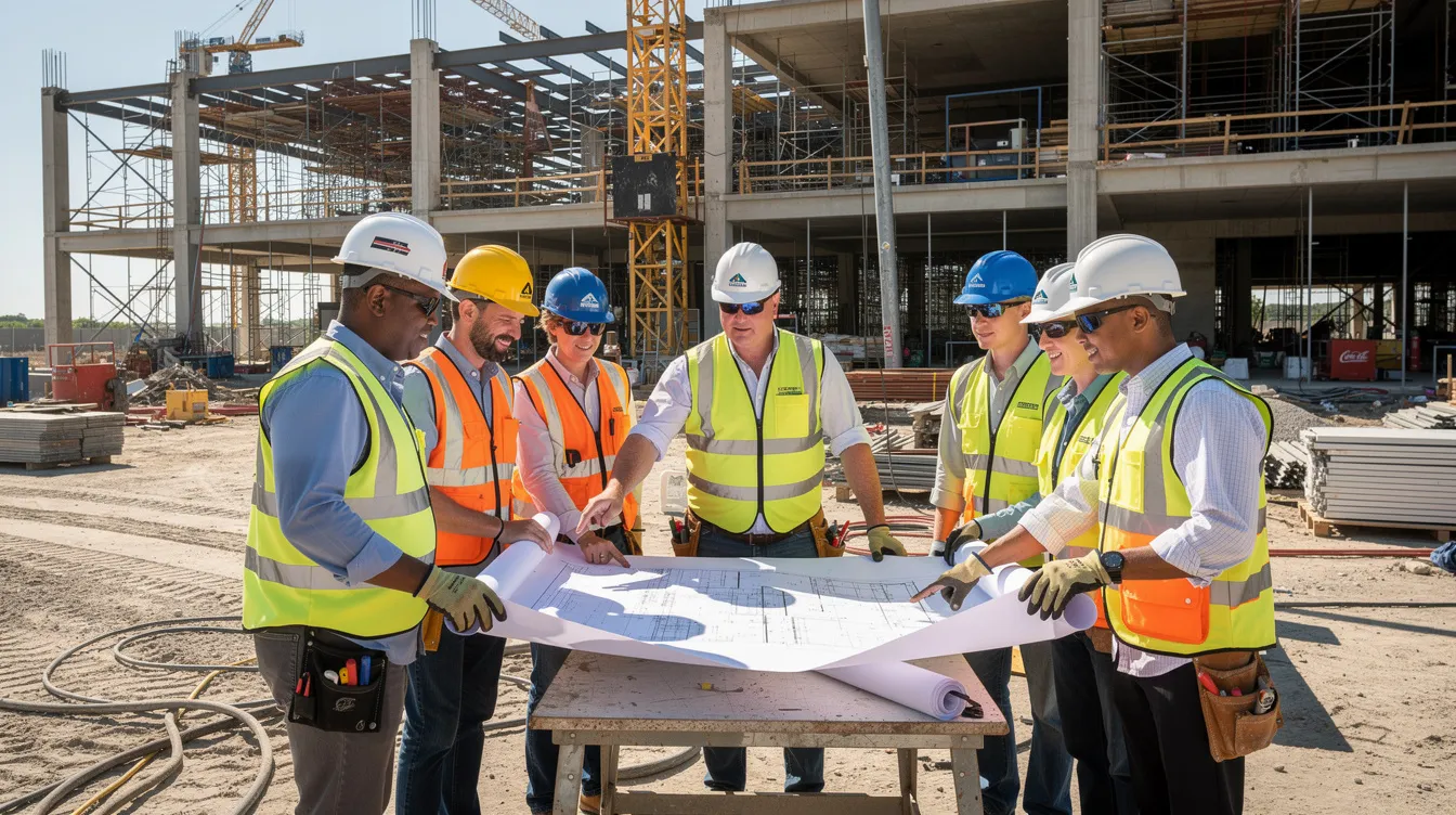 A construction superintendent is reviewing blueprints with a crew at a commercial building site, emphasizing effective communication and leadership to ensure successful project management. This scene highlights the collaboration and teamwork essential in the construction industry for future growth and workforce development.