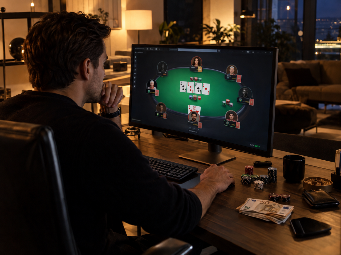 Online poker tegen andere spelers op een computer met virtuele pokertafel en fiches.