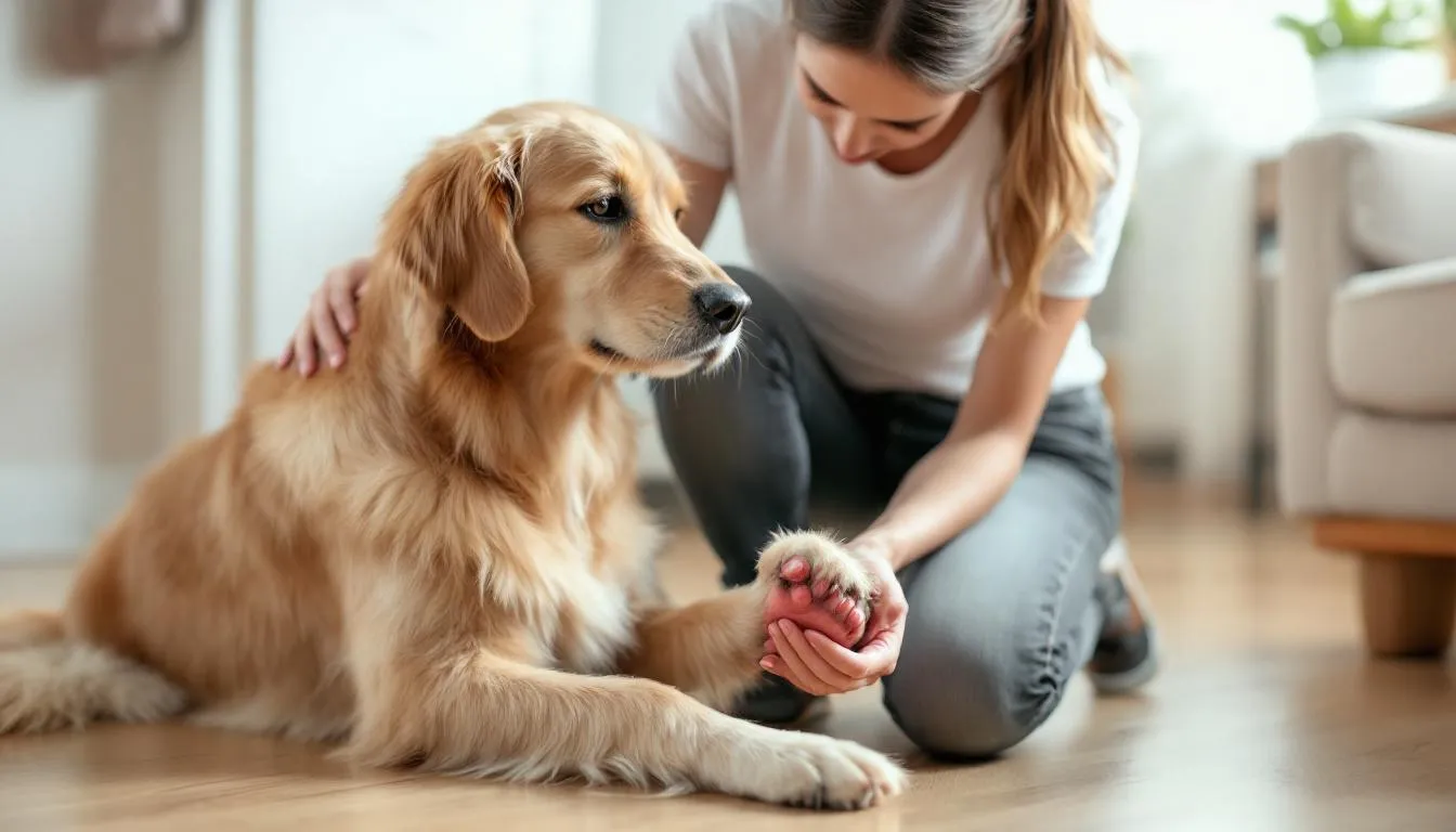 The image depicts a calm dog sitting patiently while its owner carefully examines the dog