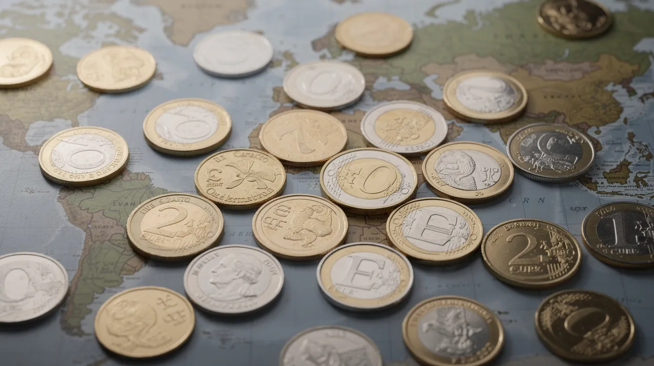 Auf der Weltkarte sind verschiedene internationale Währungsmünzen aus Gold und Silber ausgebreitet, die die Vielfalt der Edelmetalle repräsentieren. Diese Münzen, darunter auch Goldmünzen und Silbermünzen, symbolisieren den globalen Handel und die Investitionen in wertvolle Rohstoffe.