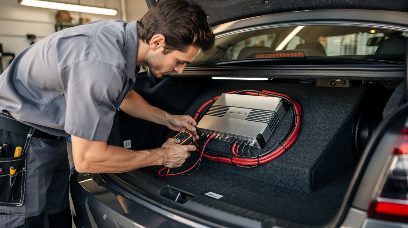 A technician is inspecting a car audio amplifier located in the trunk of a vehicle, checking connections such as RCA cables and speaker wires to ensure proper functionality. The technician is focused on verifying the amplifier's power light and gain control settings to diagnose any issues that may cause sound loss.