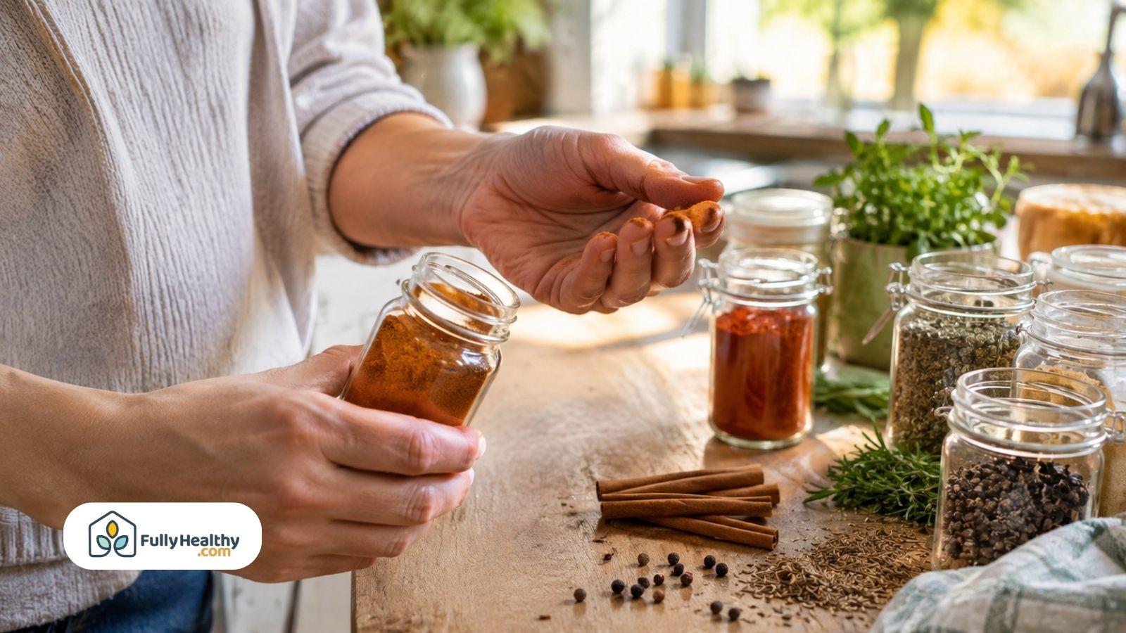 Person checking ground spice freshness beside assorted jars in kitchen