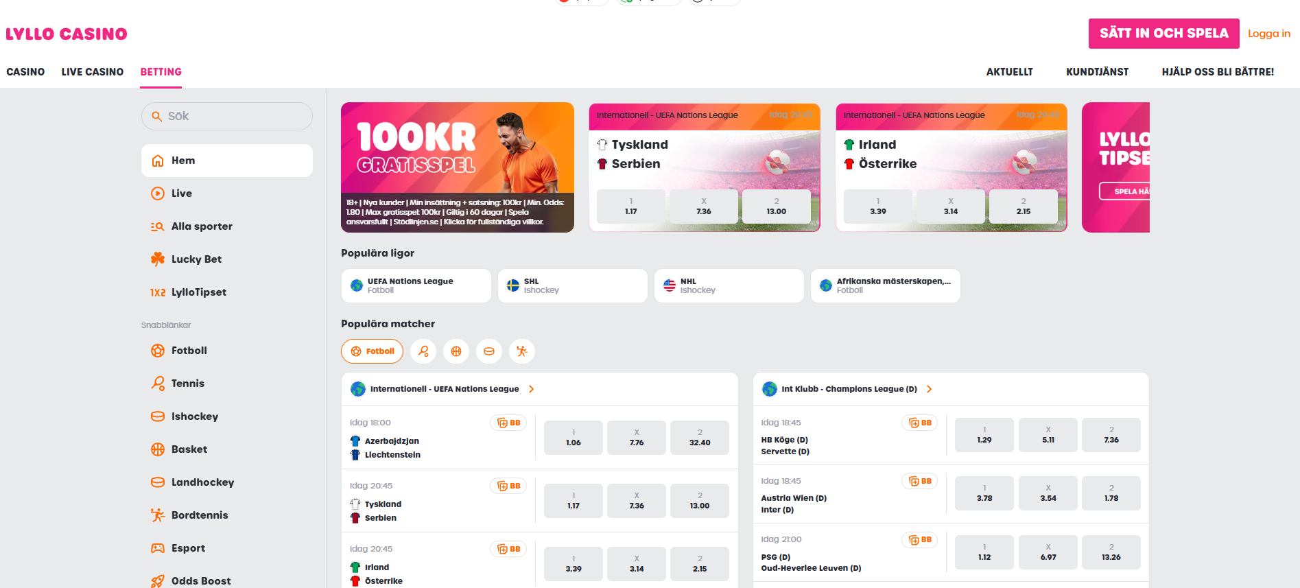 Betting hos Lyllo Casino med sporter, populära ligor, matcher och aktuella odds.