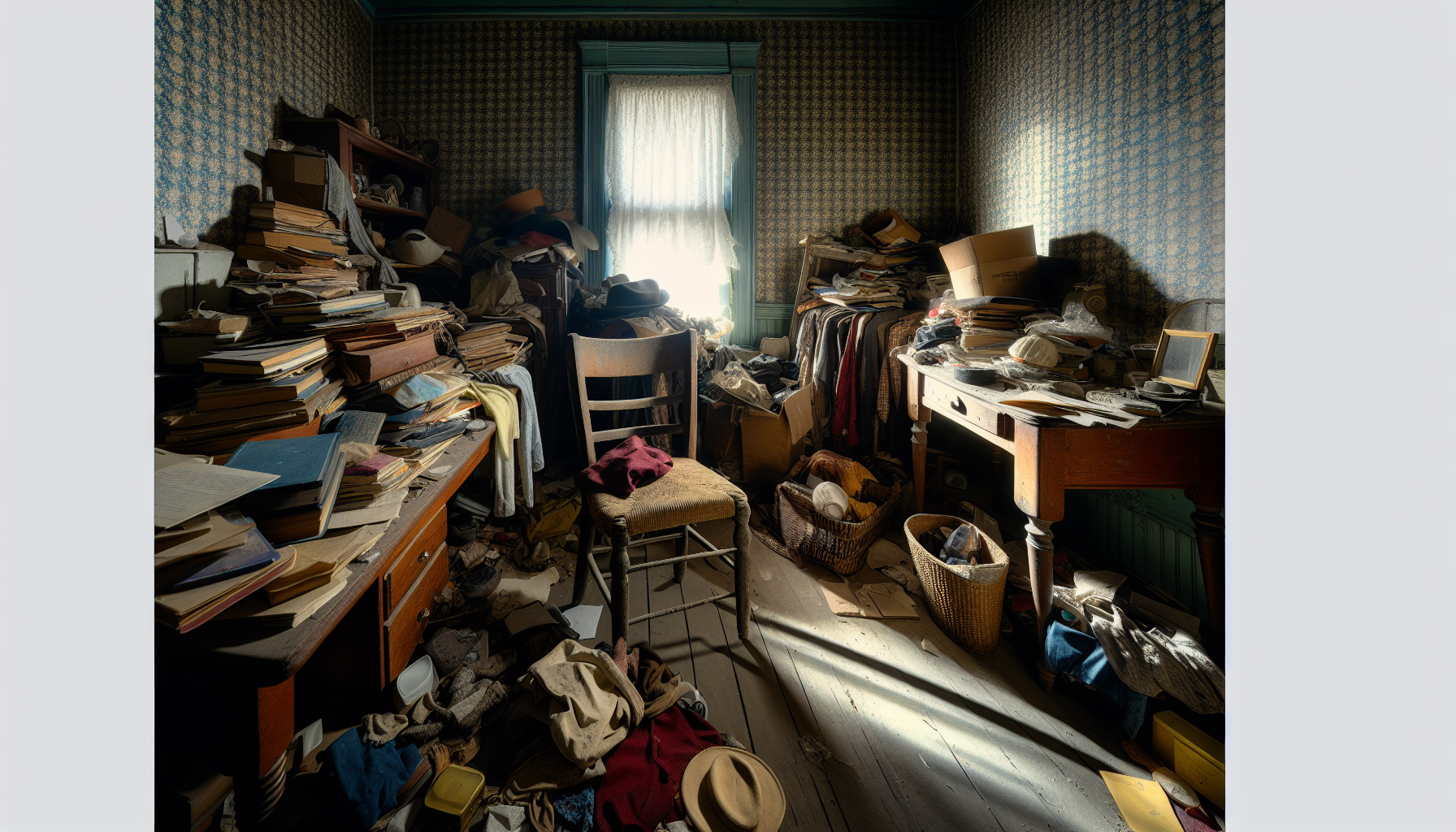 A cluttered room with various items scattered around