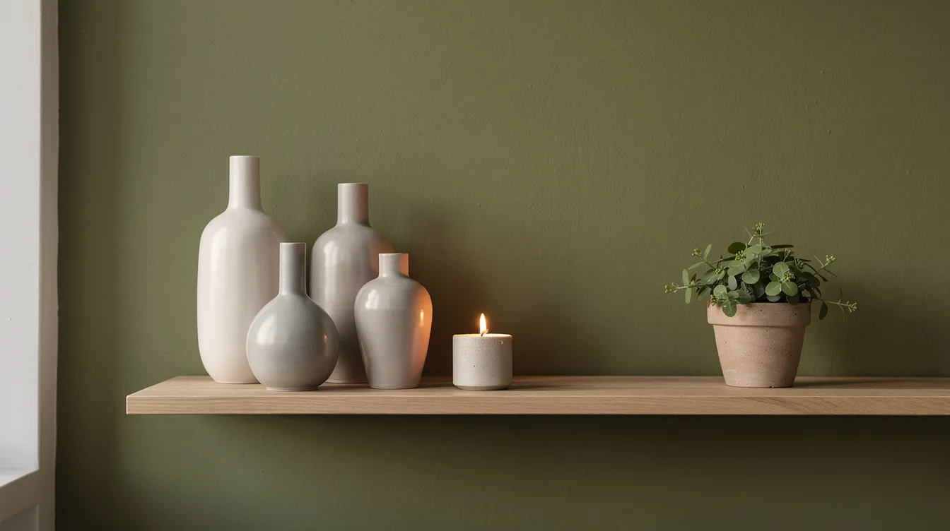 Close-up van een donkergroene muur, geschilderd in olijfgroen, met daarop een houten plank. Op de plank staan keramische vazen, een kaars en een klein plantje, wat een rustige uitstraling aan het interieur geeft.